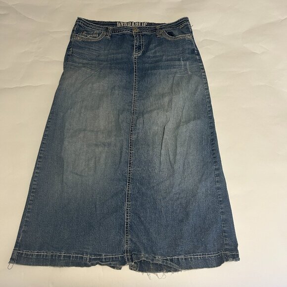 HYDRAULIC Jean Skirt Womens size 14 Maxi Denim Zip Fly Y2K back slit Embroidery - Picture 1 of 16